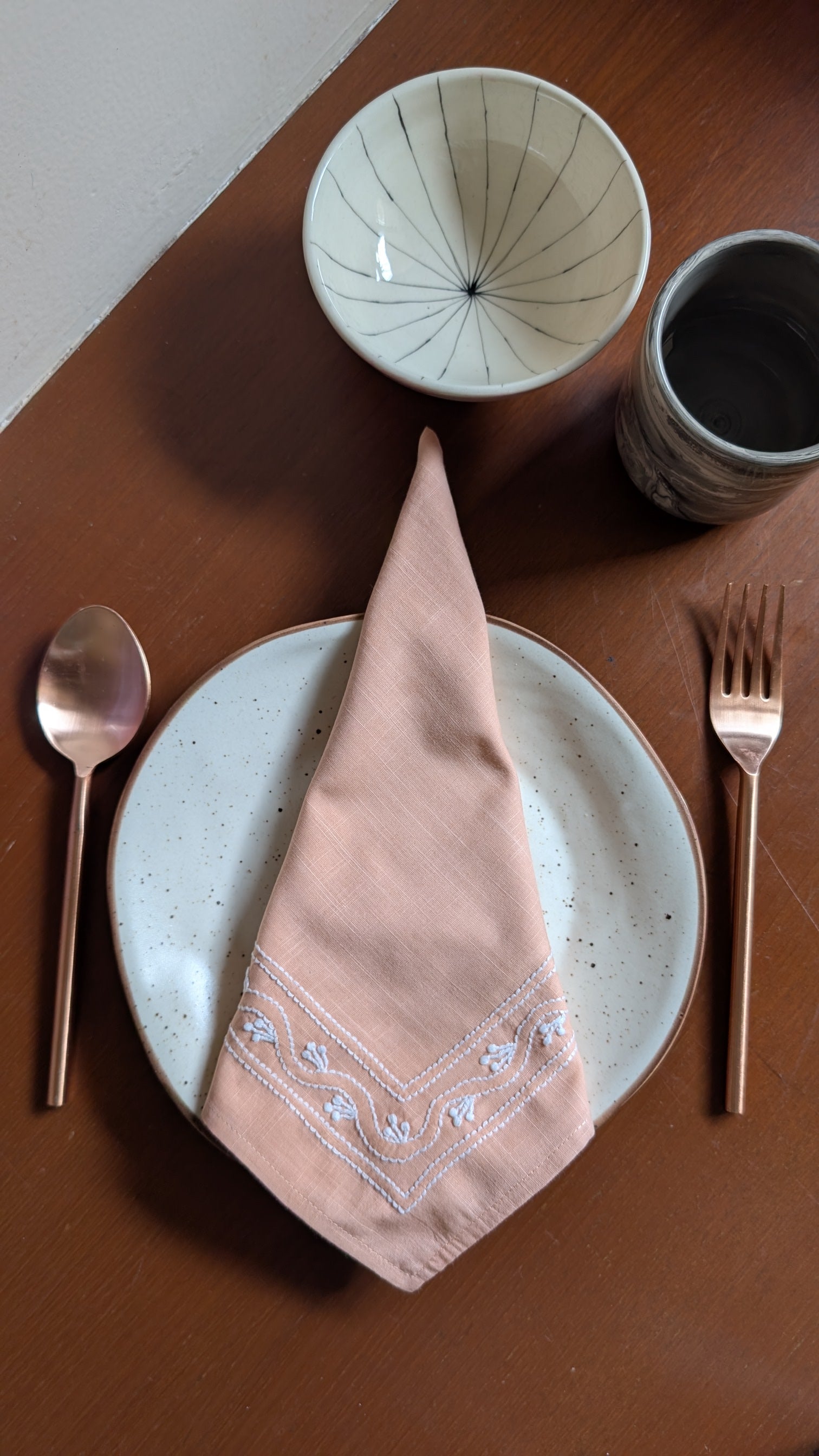 Peach Chikankari Table Napkin Square in set of 2/4/6 - 18x18 Inch