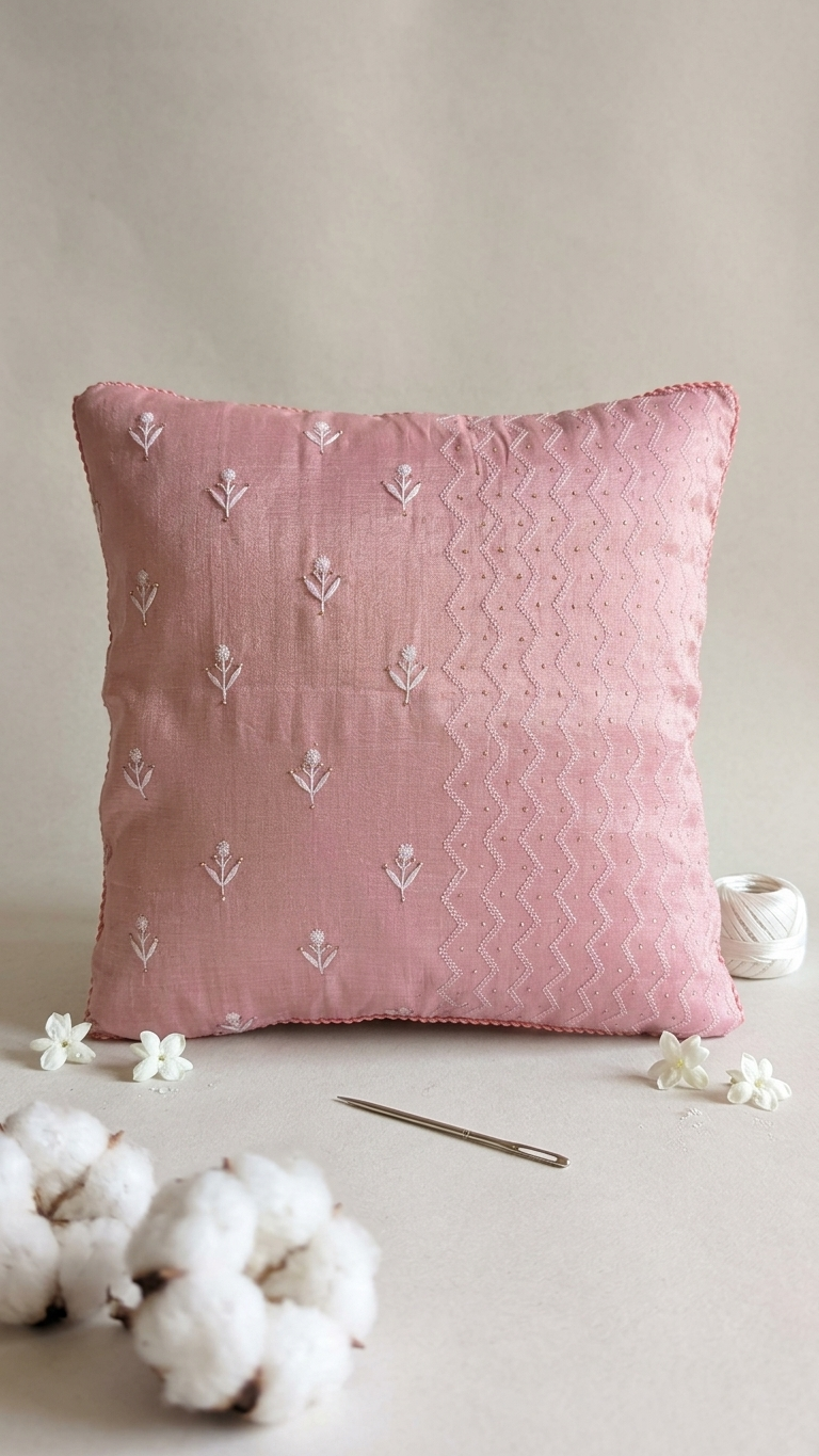 Light Pink Chikankari Cushion Cover 16x16 inches | First Blush | Tissue Silk