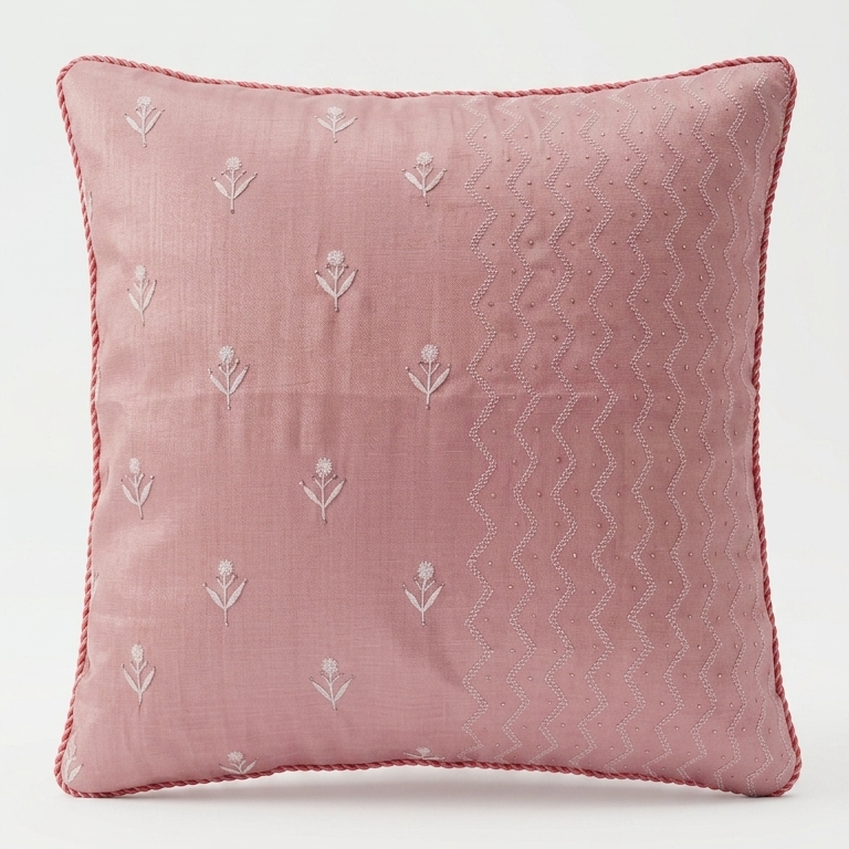 Chikankari pink throw pillow with white embroidered floral motifs and textured chevron patterns, shown against a plain white background.