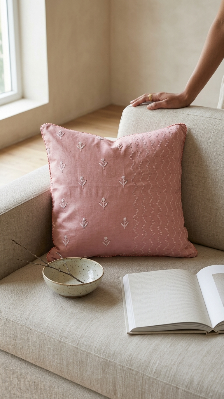 Chikankari pinkthrow pillow featuring a white embroidered paisley motif in the center and small white embroidered flowers scattered around it, set on a sofa
