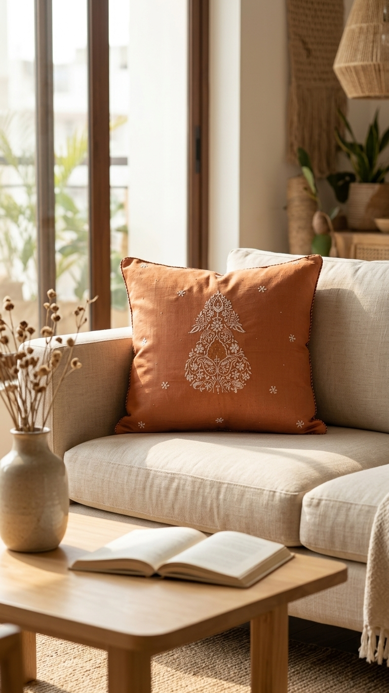 Rust Chikankari Cushion Cover 18x18 inches | Autumn's Ember