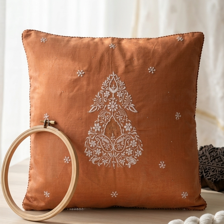 Chikankari orange throw pillow featuring a white embroidered paisley motif in the center and small white embroidered flowers scattered around it, set against a plain light gray background.