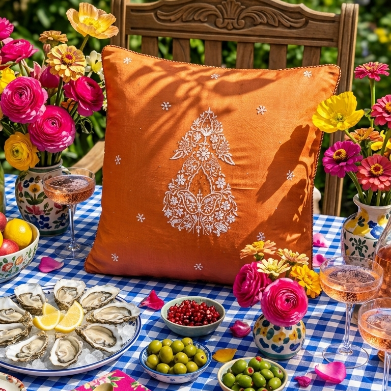 Chikankari orange throw pillow featuring a white embroidered paisley motif in the center and small white embroidered flowers scattered around it, set against a plain light gray background.