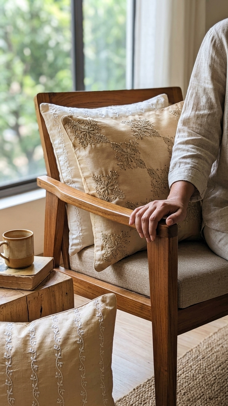 Tan Chikankari Hand Embroidered Cushion Cover 16x16 inches