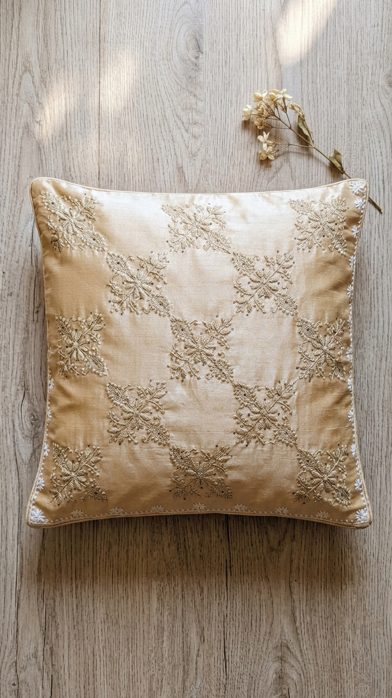Tan Chikankari Hand Embroidered Cushion Cover 16x16 inches