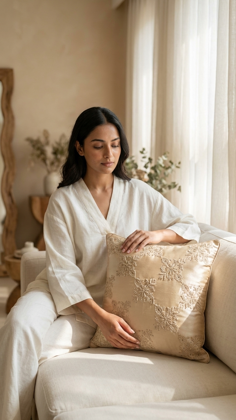 Tan Chikankari Hand Embroidered Cushion Cover 16x16 inches