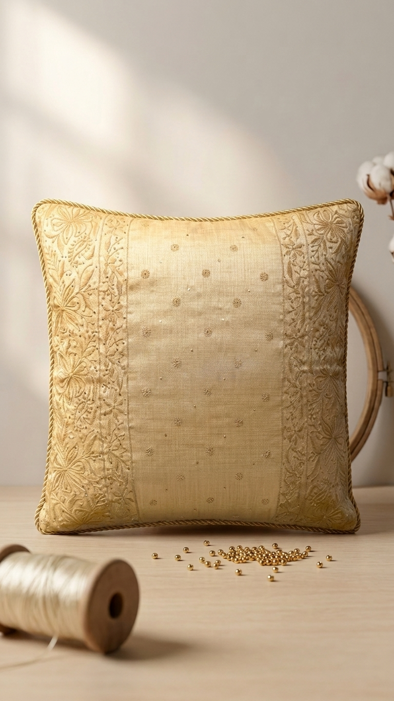 Chikankari Cushion -decorative throw pillow in a warm beige or light gold color, featuring a central panel with subtle embroidered dots and two vertical side borders with detailed floral embroidery, shown against a plain white background.