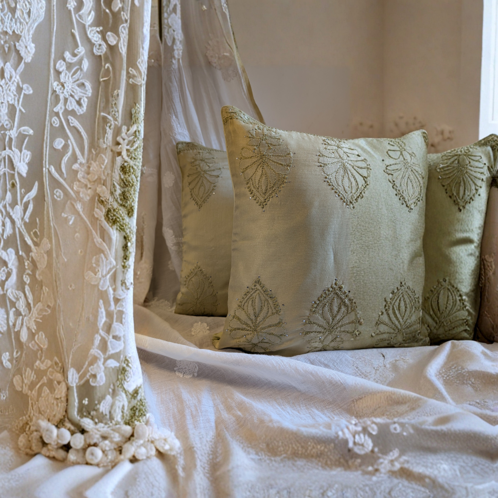 Olive Chikankari Hand Embroidered Cushion Cover 16x16 inches