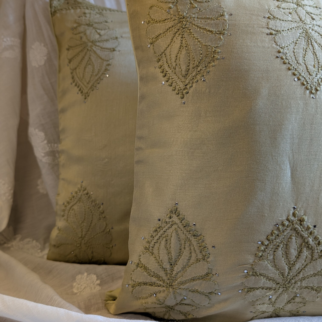 Olive Chikankari Hand Embroidered Cushion Cover 16x16 inches