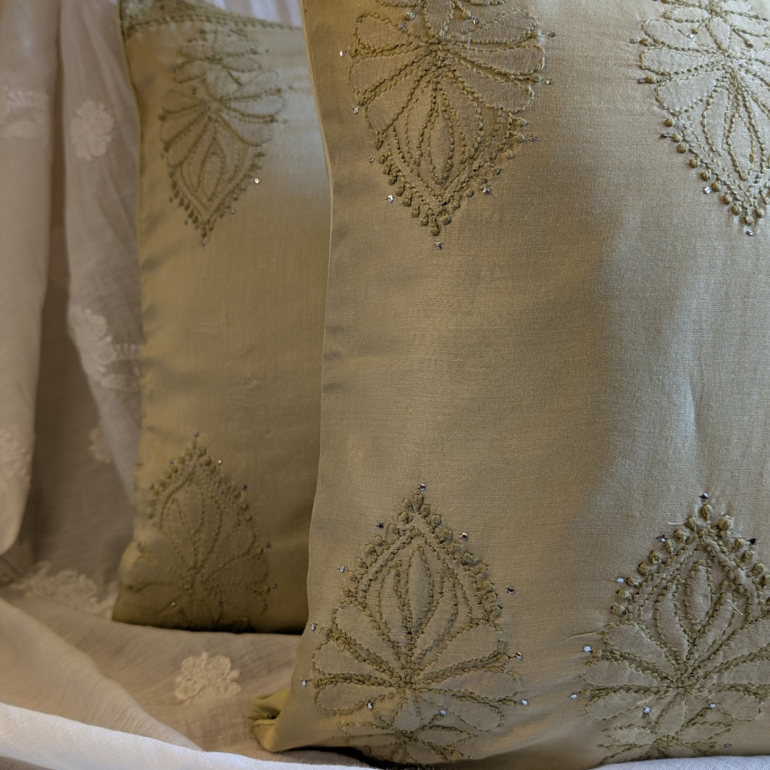 Olive Green Chikankari Hand Embroidered Cushion Cover 16x16 inches