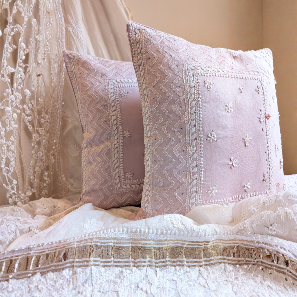 Lavendar Chikankari Hand Embroidered Cushion Cover 16x16 inches