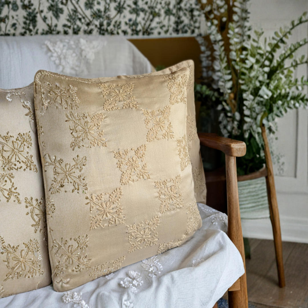 Checks w/Patch Hand Embroidered Cushion Cover 18x18 inches