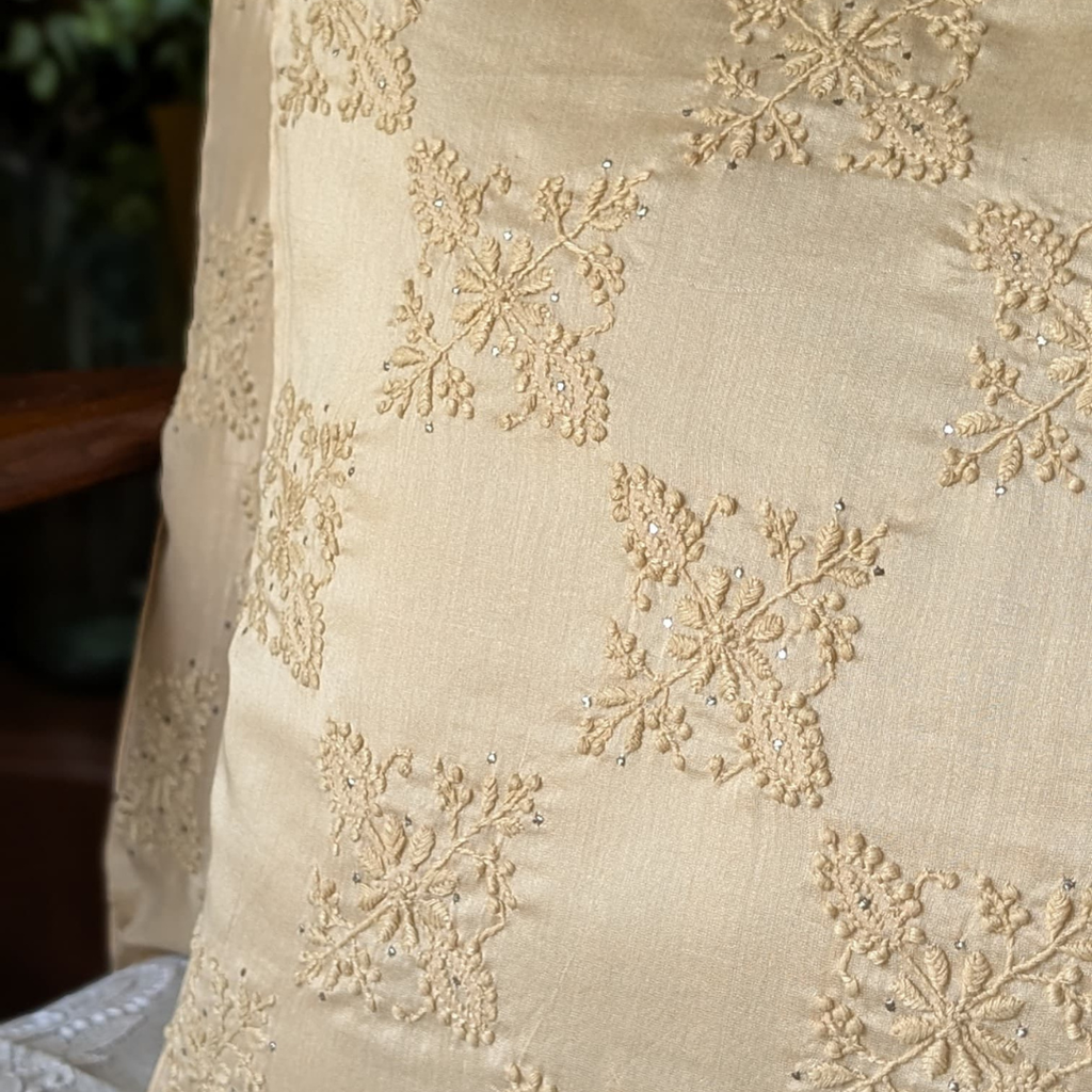 Checks w/Patch Hand Embroidered Cushion Cover 18x18 inches