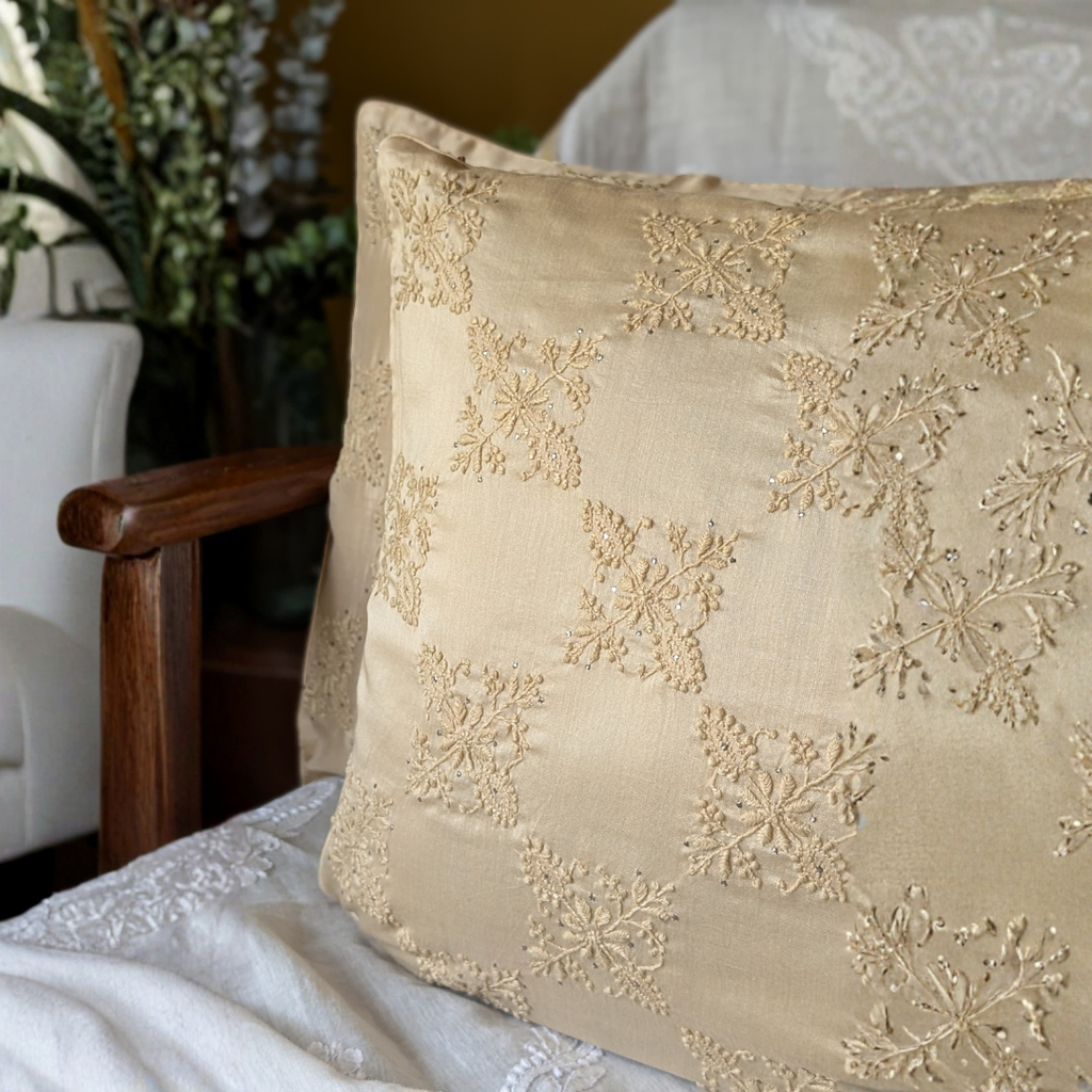 Checks w/Patch Hand Embroidered Cushion Cover 18x18 inches