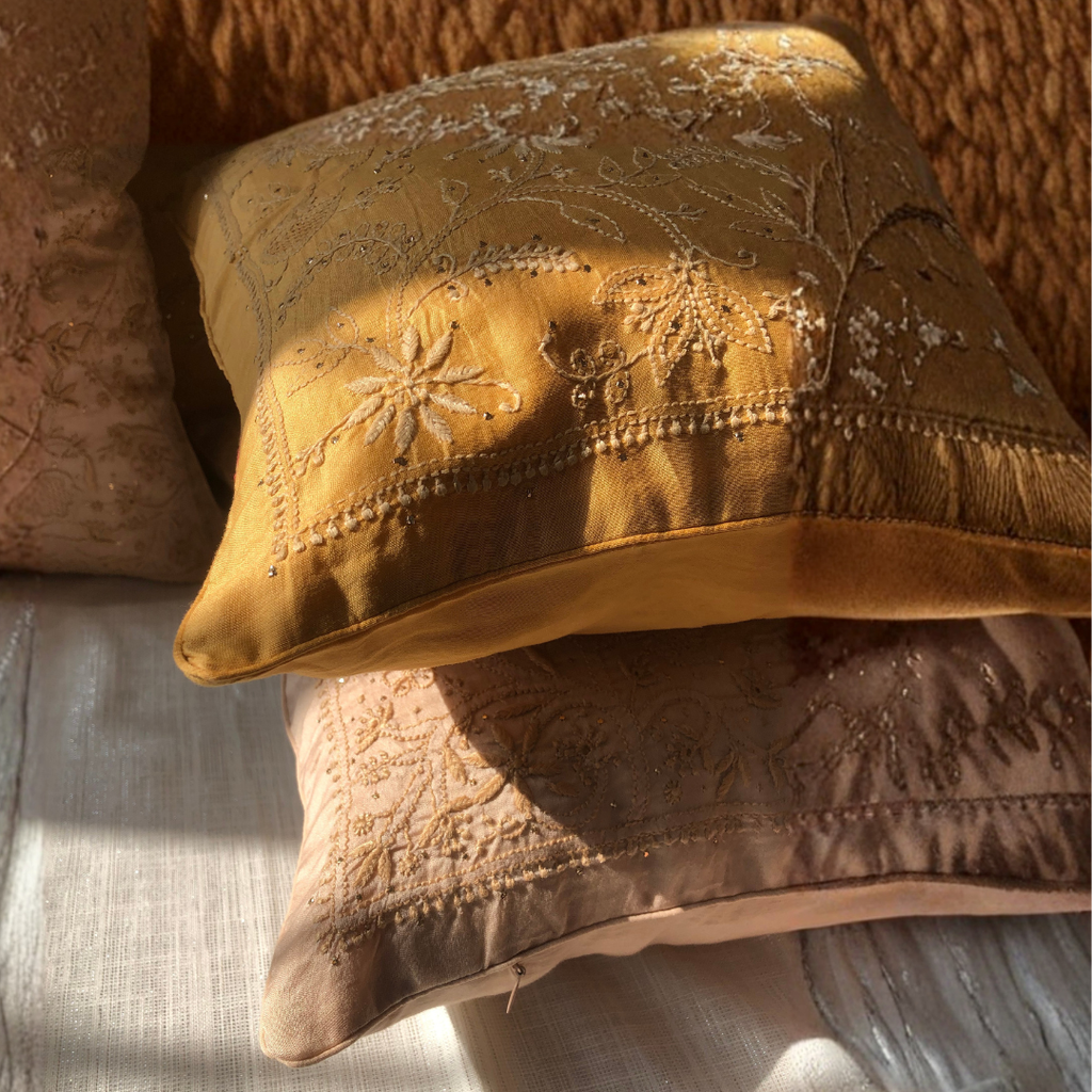 Orange w/Tissue Hand Embroidered Cushion Cover 18x18 inches