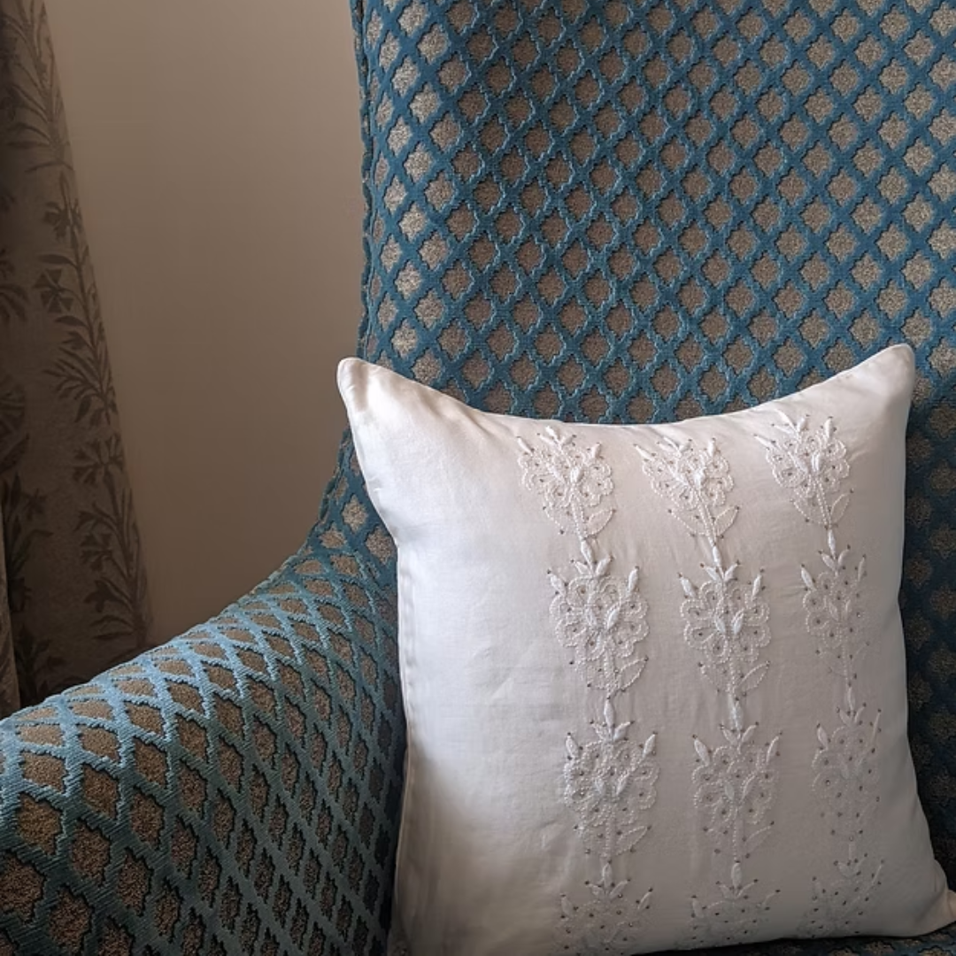 White Hand Embroidered Cushion Cover 16x16 inches