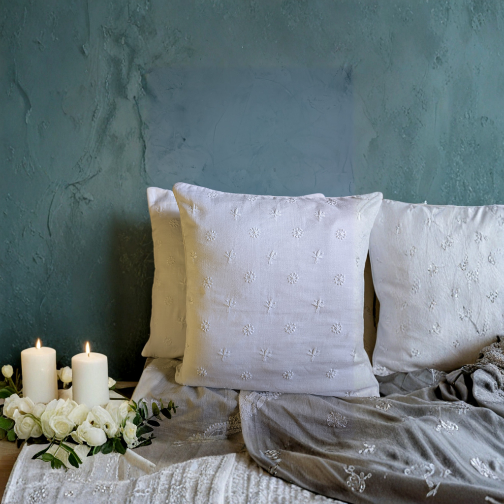 Linen Natural White Hand Embroidered Cushion Cover 18x18 inches