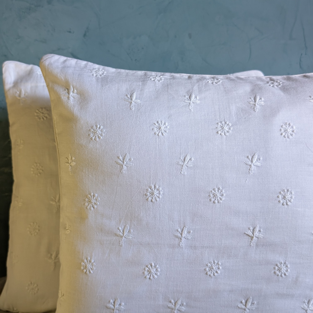 Linen Natural White Hand Embroidered Cushion Cover 18x18 inches