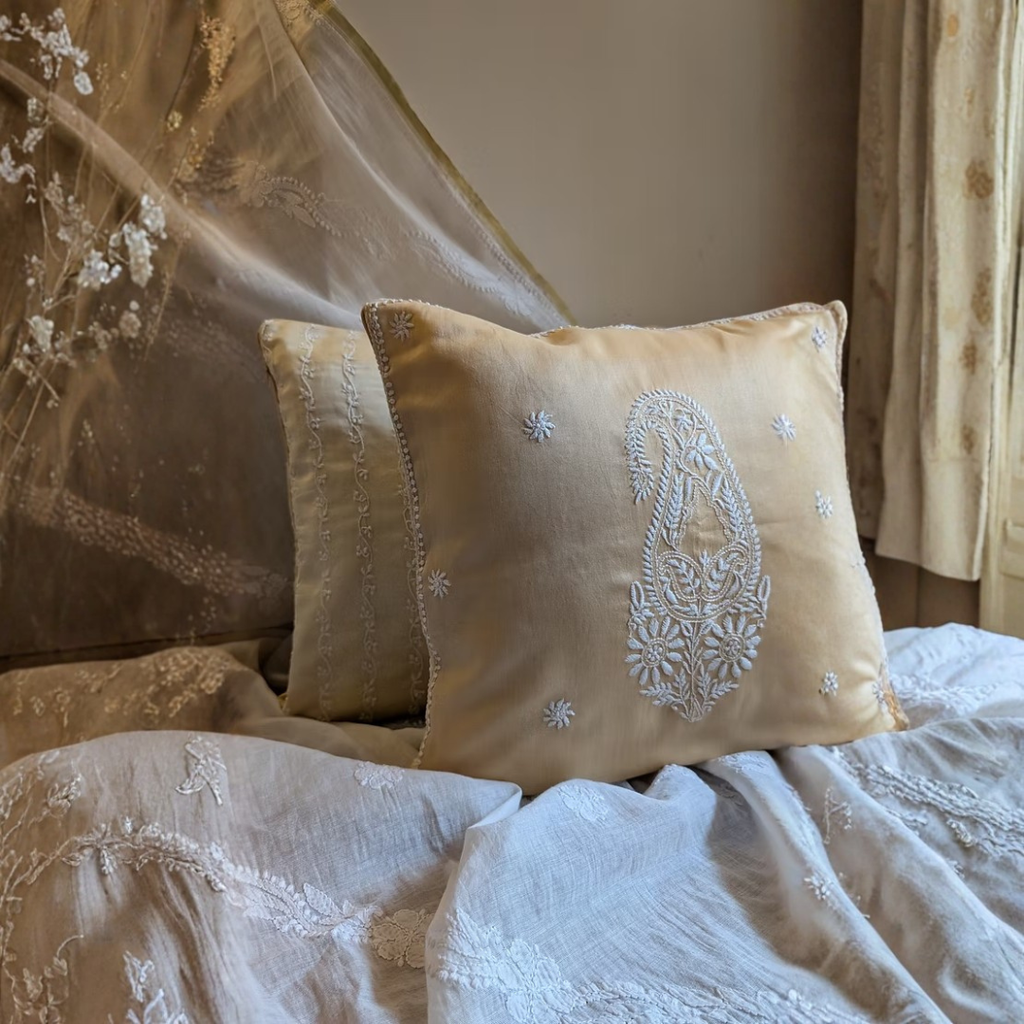 Double Sides - Brown+Cream Chikankari Hand Embroidered Cushion Cover 16x16 inches