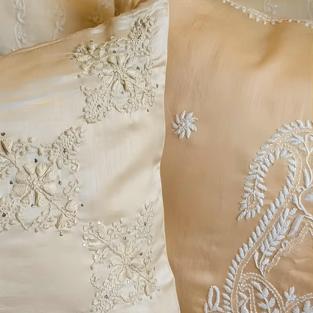 Double Sides - Brown+Cream Chikankari Hand Embroidered Cushion Cover 16x16 inches