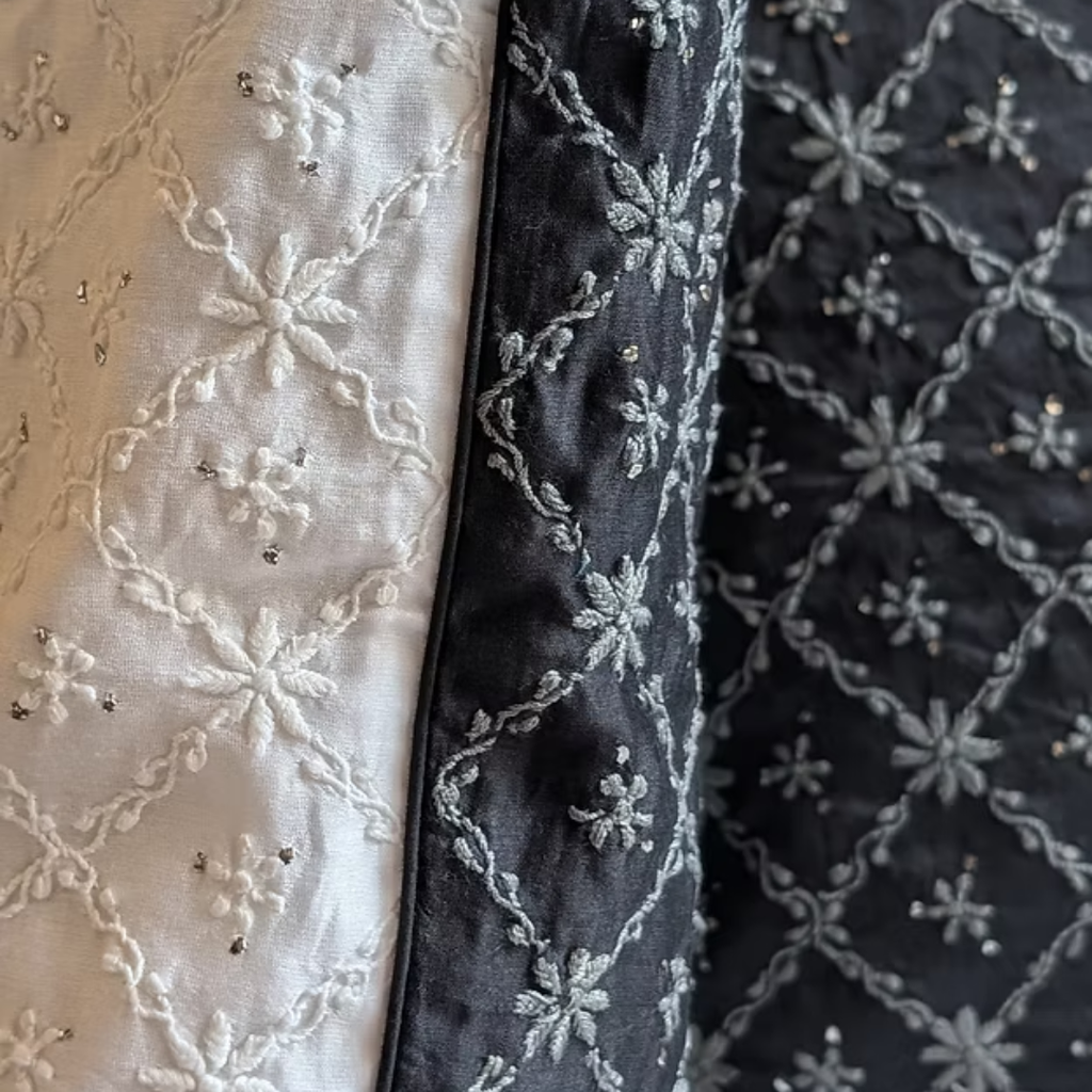 Double Sided - White + Black Chikankari Hand Embroidered Cushion Cover 16x16 inches