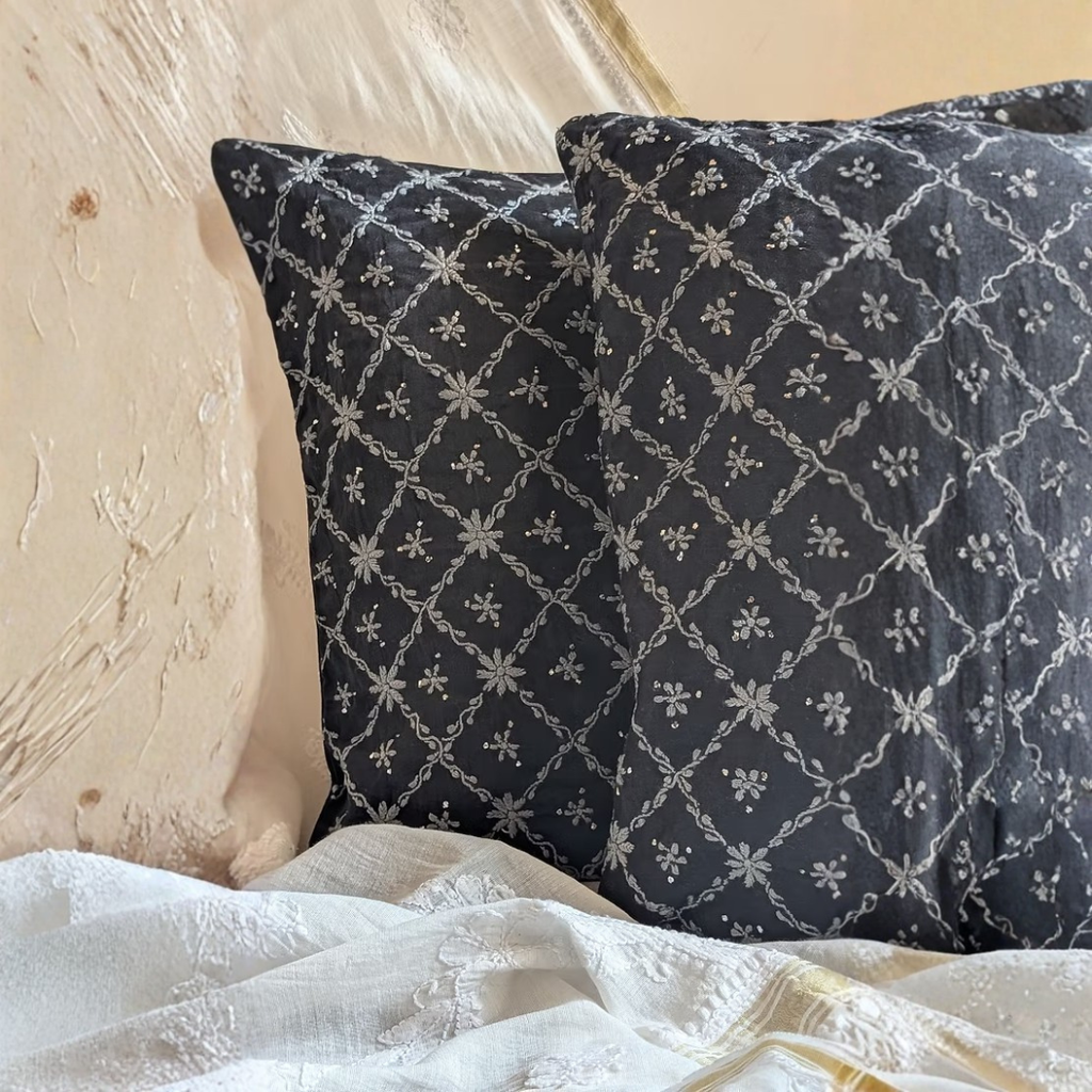 Double Sided - White + Black Chikankari Hand Embroidered Cushion Cover 16x16 inches