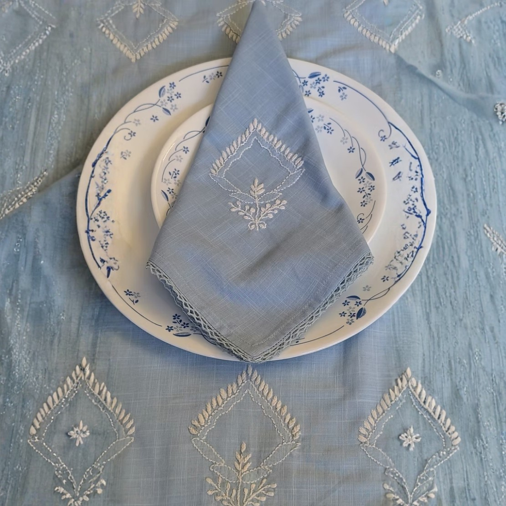 Light Blue Chikankari Table Napkin Square in set of 2/4/6 - 18x18 Inch