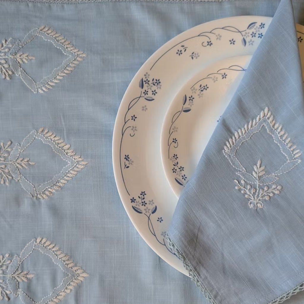 Light Blue Chikankari Table Napkin Square in set of 2/4/6 - 18x18 Inch