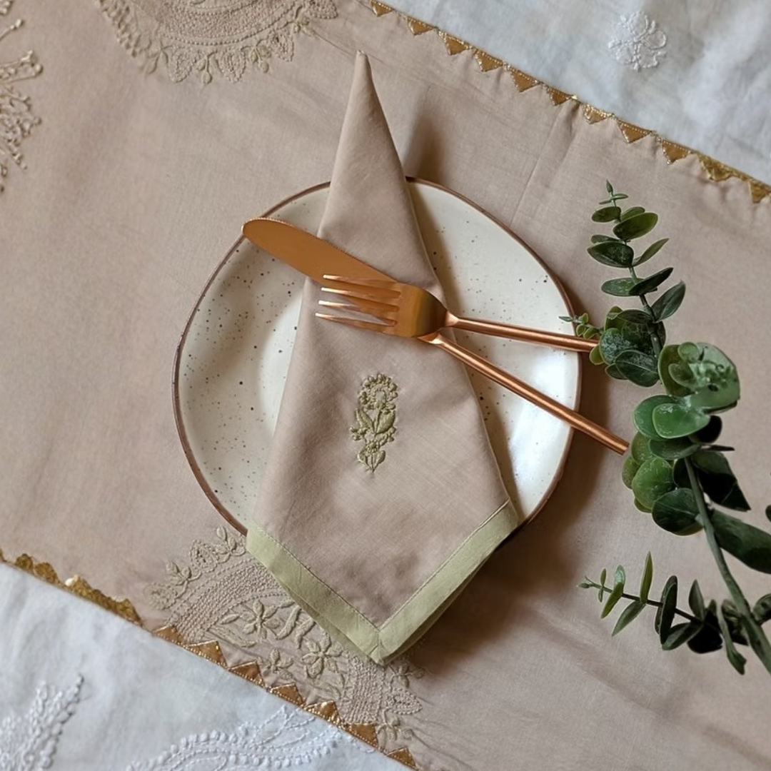 Beige Chikankari Table Napkin Square in set of 2/4/6 - 18x18 Inch