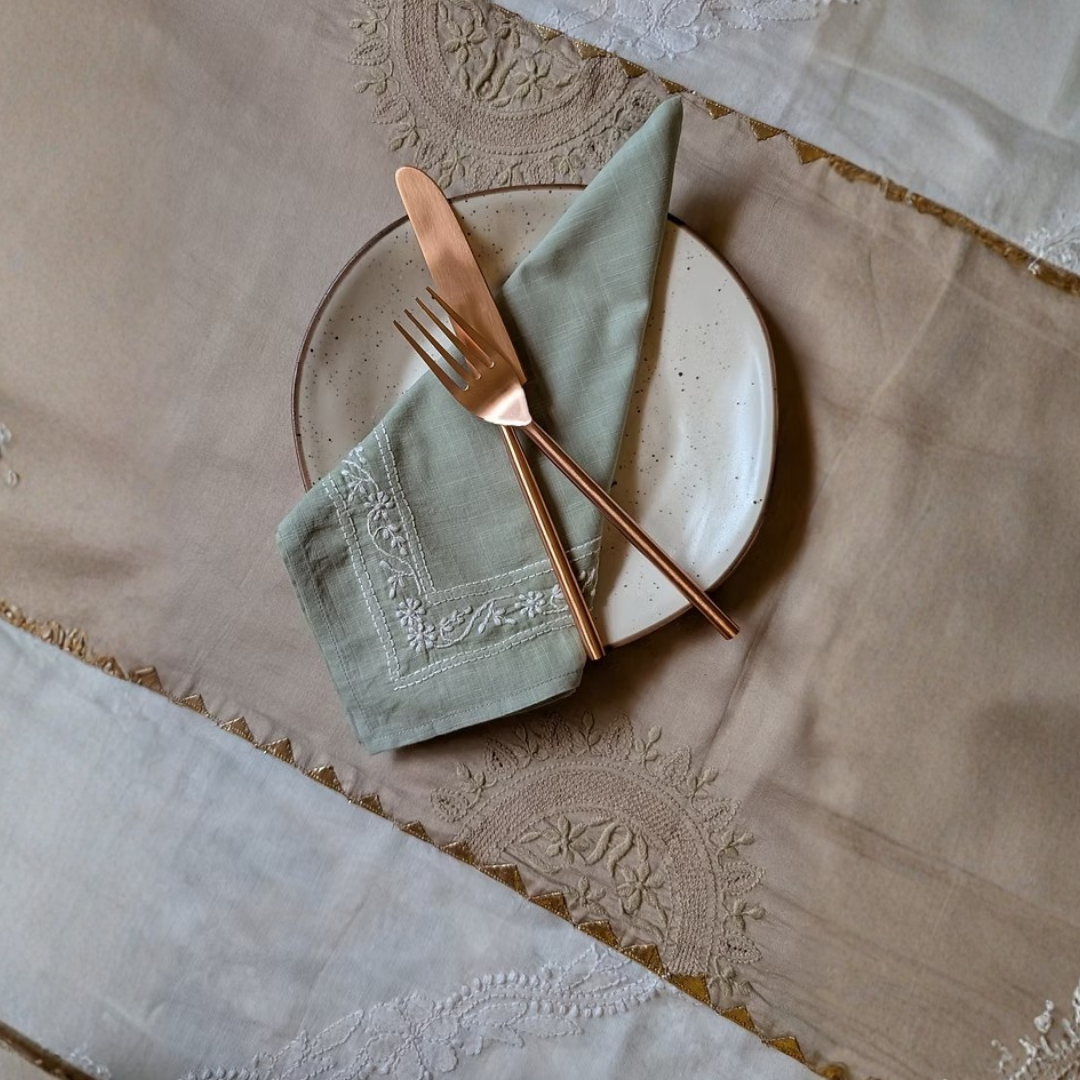 Sage Green Chikankari Table Napkin Square - 18x18 Inch