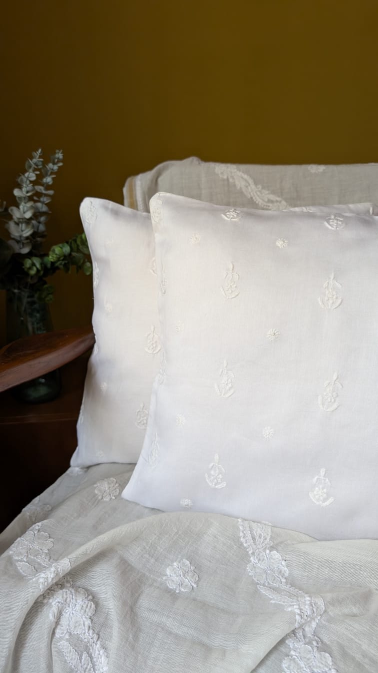 White Silk Hand Embroidered Cushion Cover 16x16 Inches