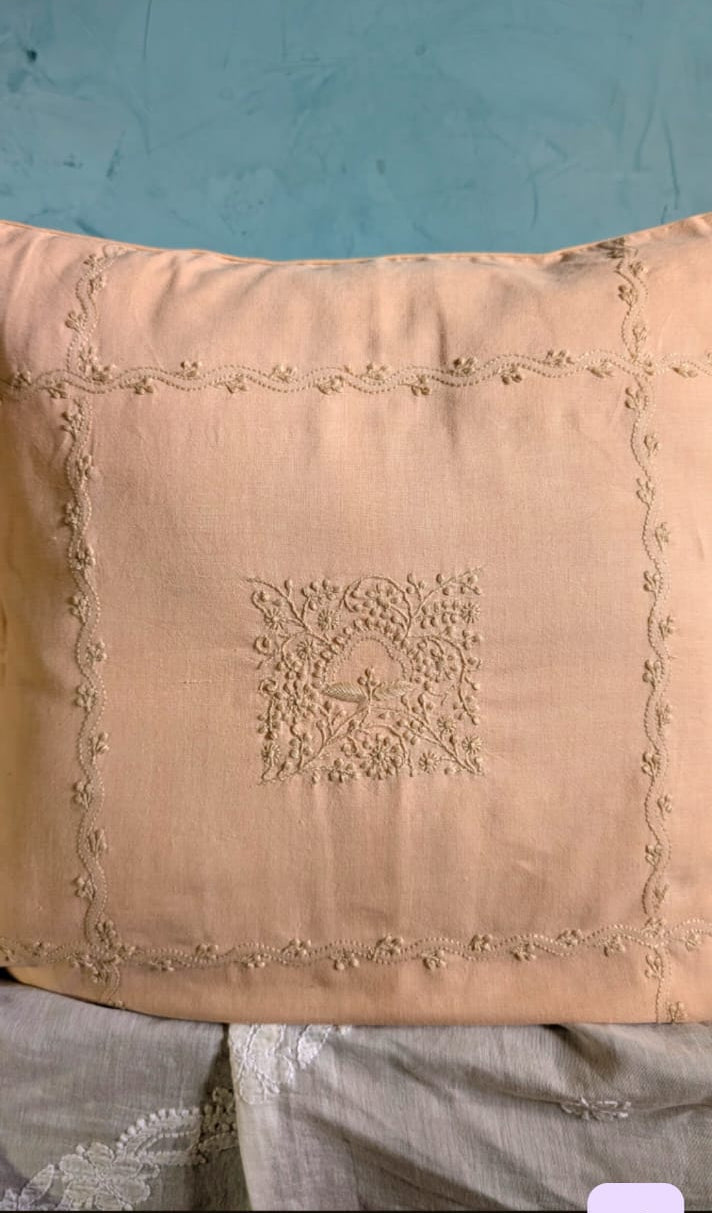 Linen Tan Hand Embroidered Cushion Cover 18x18 inches