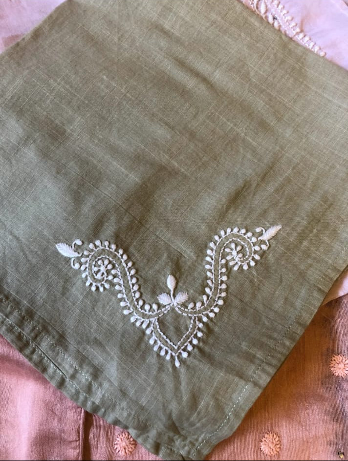 Olive Green Chikankari Table Napkin Square in set of 2/4/6 - 18x18 Inch