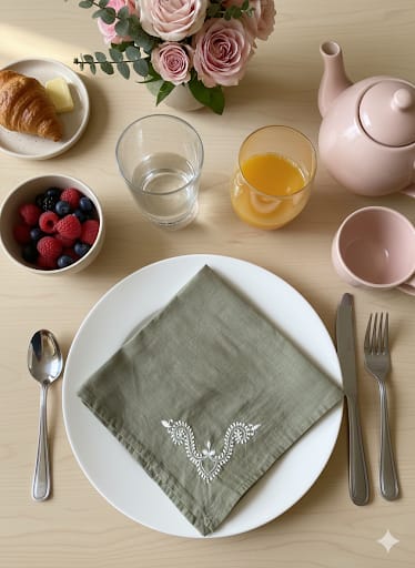 Olive Green Chikankari Table Napkin Square in set of 2/4/6 - 18x18 Inch