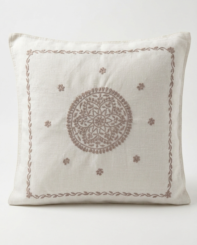 A square off-white linen throw pillow featuring a brown embroidered central mandala and a matching decorative border, set against a plain light gray background.