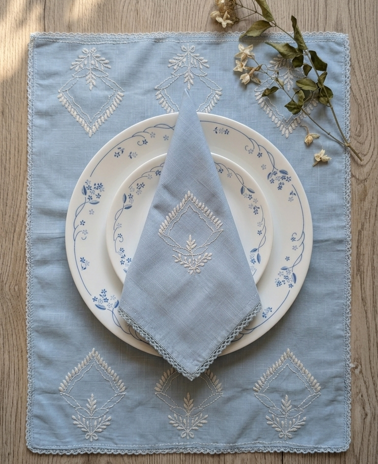 A light blue embroidered placemat on a wooden table, styled with white plates and a matching napkin, accented with small dried flowers.