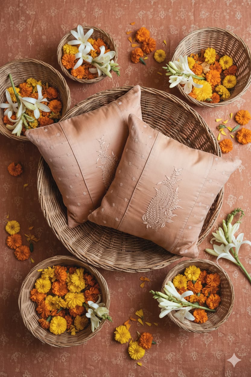 Orange w/Tissue Hand Embroidered Cushion Cover 18x18 inches
