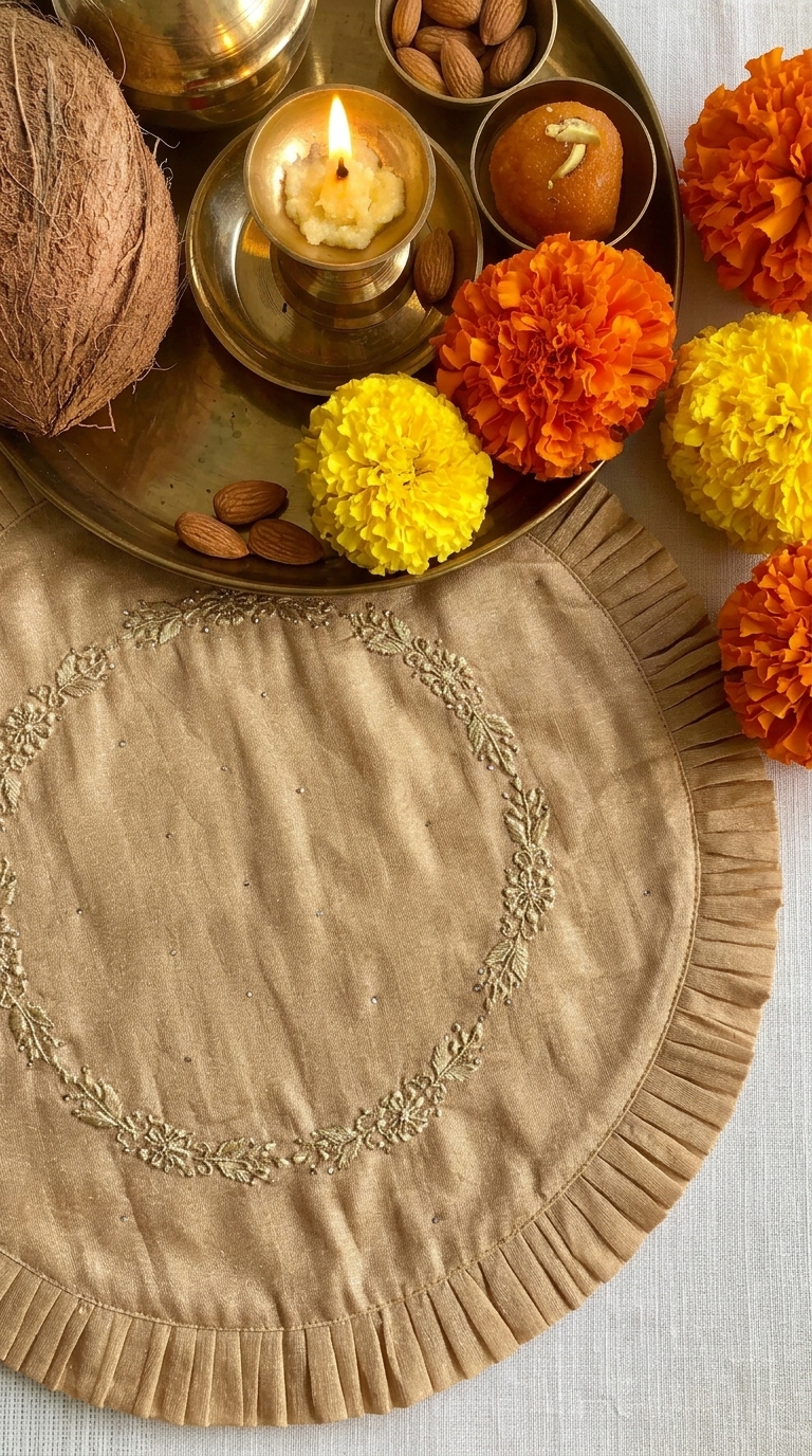 Chikankari placemat thali cover with hand embroidery and mukaish work done in India Lucknow in gold