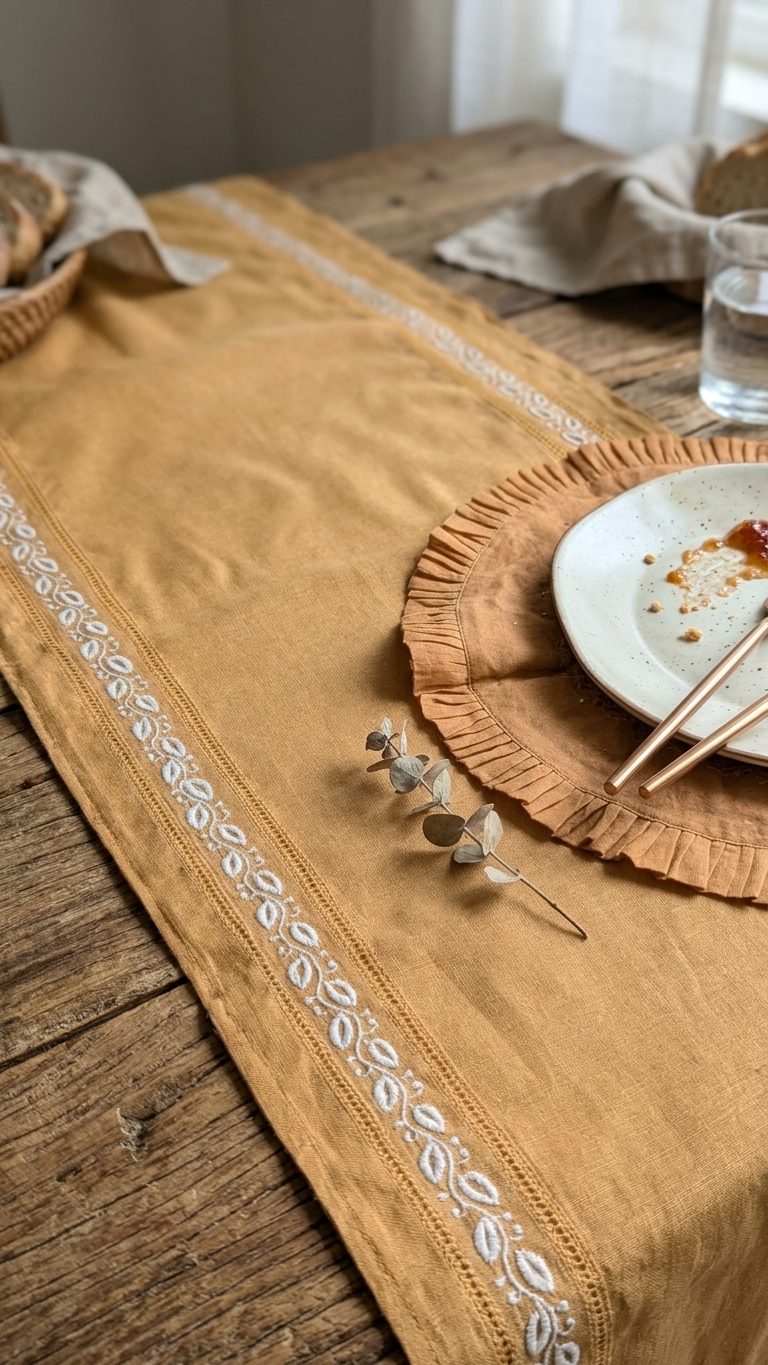 Hand Embroidered Chikankari Table Runner | Luxury Silk Table Linen | GOLD