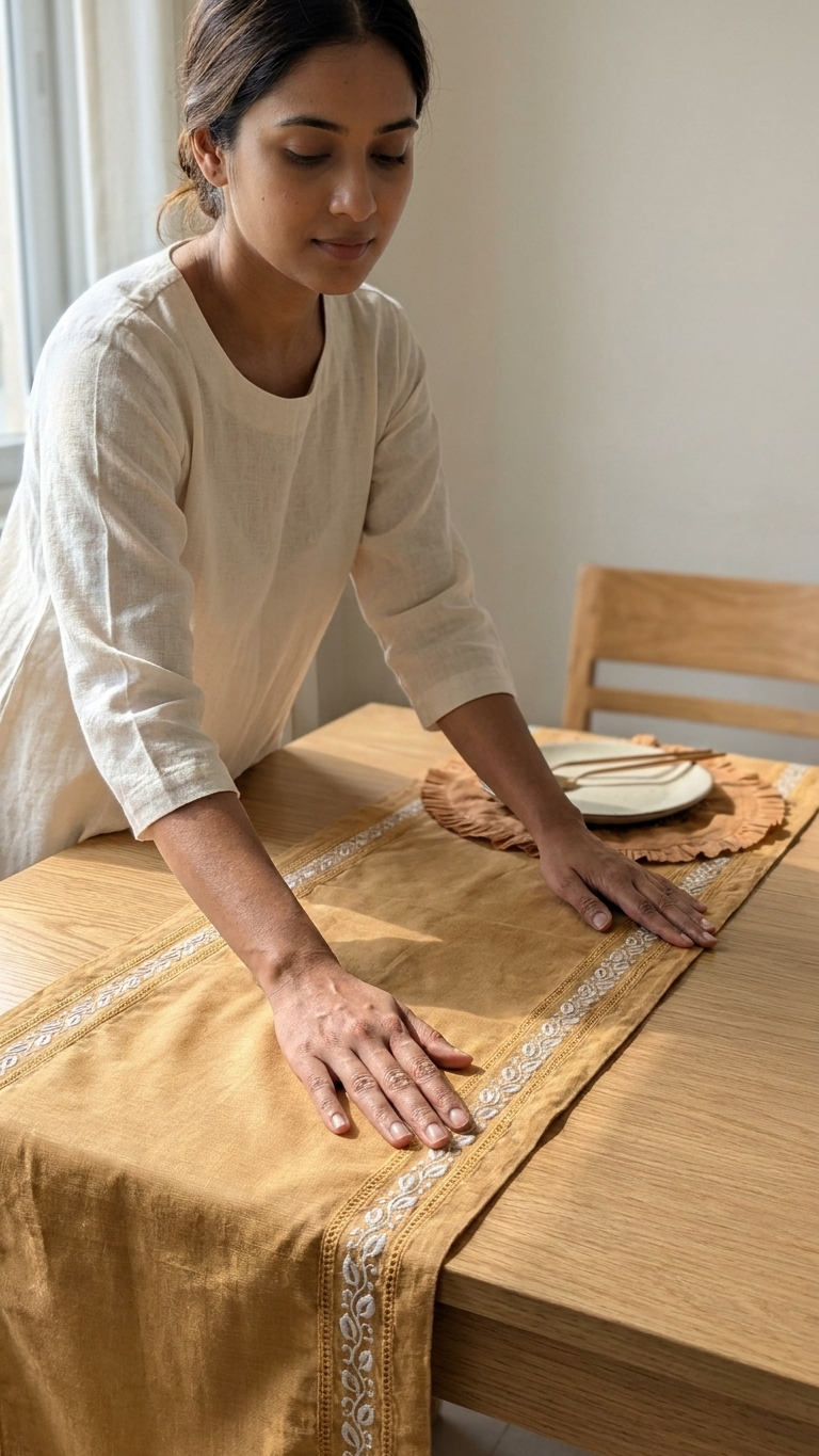 Hand Embroidered Chikankari Table Runner | Luxury Silk Table Linen | GOLD