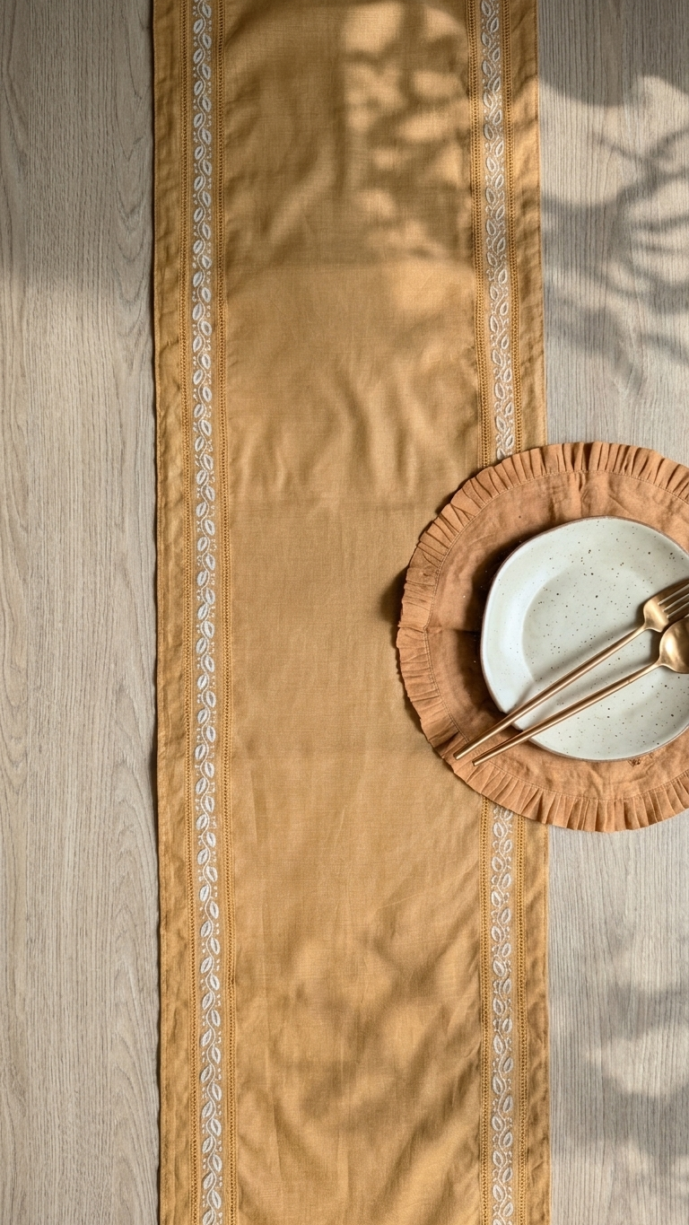 Hand Embroidered Chikankari Table Runner | Luxury Silk Table Linen | GOLD