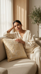 A square cream beige Chikankari cushion cover pillow with white floral embroidery in the center and a braided rope trim along the edges, shown on a light sofa