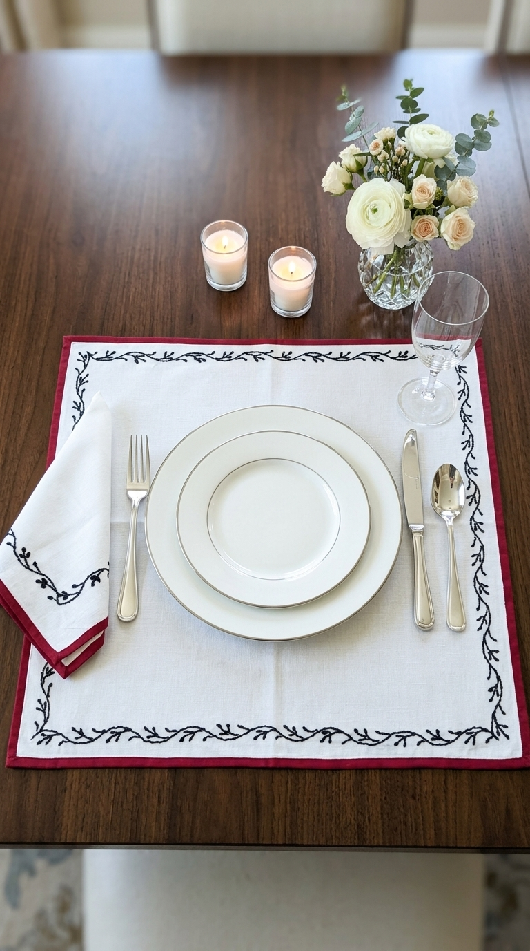 White Cotton Linen Chikankari Table Napkin Square in set of 2/4/6 - 18x18 Inch