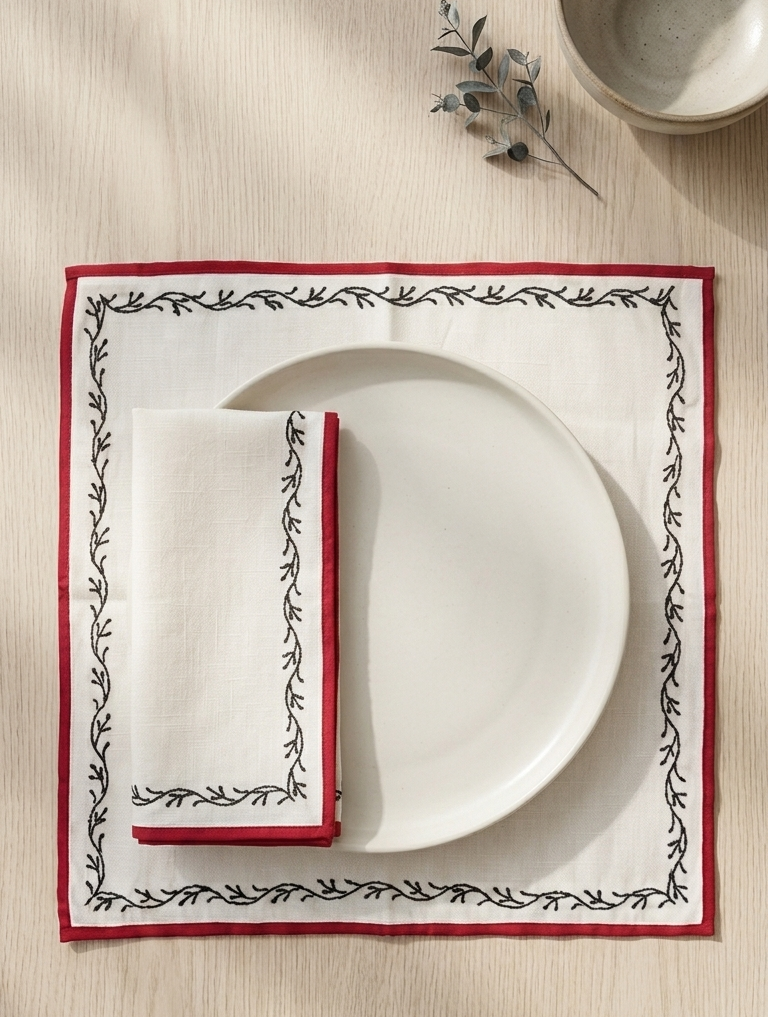 A place setting featuring a square chikankari white linen placemat with a red border and black floral vine pattern, styled with a white plate and matching folded napkin on a light wood tabletop.