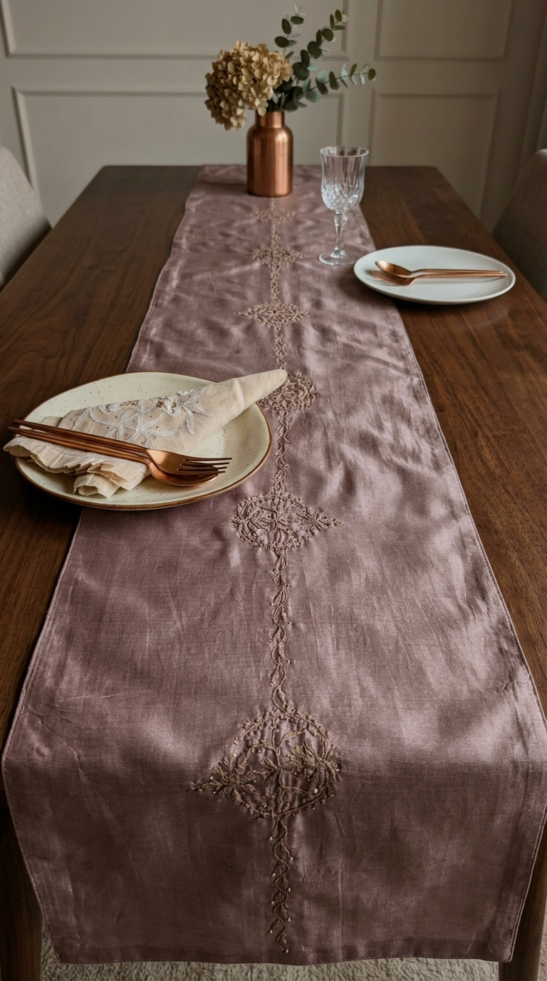 Hand Embroidered Chikankari Table Runner | Luxury Silk Table Linen | MULBERRY