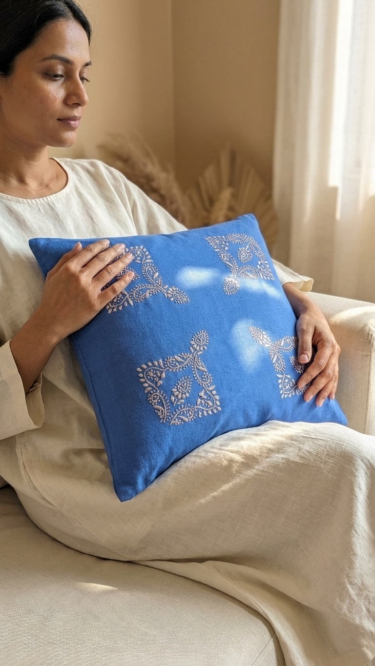 Blue Cotton Linen Chikankari Cushion Cover- 20x20 inches
