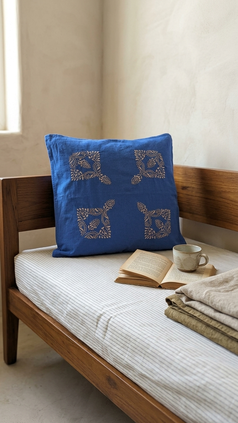Blue Cotton Linen Chikankari Cushion Cover- 20x20 inches