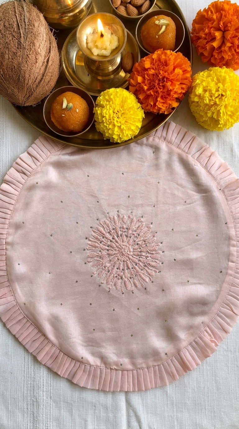 Light Pink Chikankari Placemat - Round 14 inches