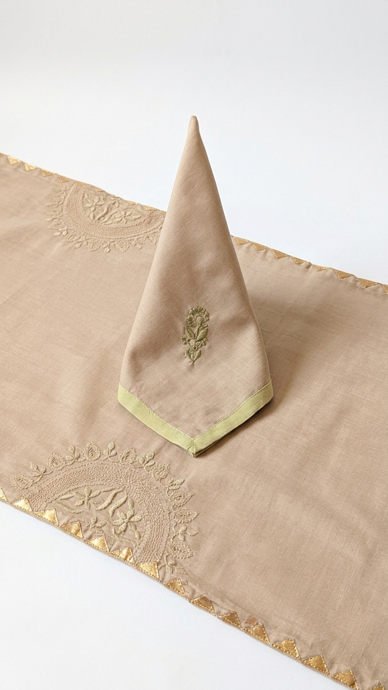 Beige Chikankari Table Napkin Square in set of 2/4/6 - 18x18 Inch