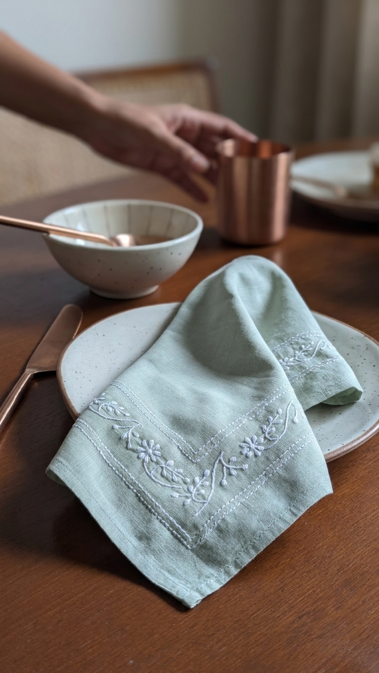 Sage Green Chikankari Table Napkin Square - 18x18 Inch